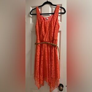 Peach Orange Sleeveless Summer Dress with Belt
